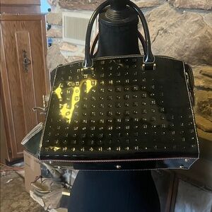 Arcadia Glossy Black Italian leather Satchel with snake skin inserts